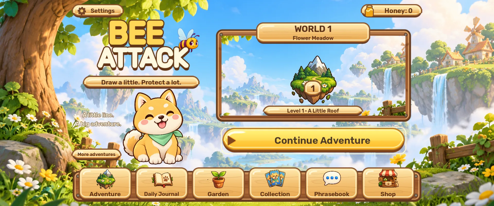 Bee Attack home screen: the Bee Attack logo and a smiling shiba beside World 1, Flower Meadow, with a Continue Adventure button and tiles for Adventure, Daily Journal, Garden, Collection, Phrasebook, and Shop.