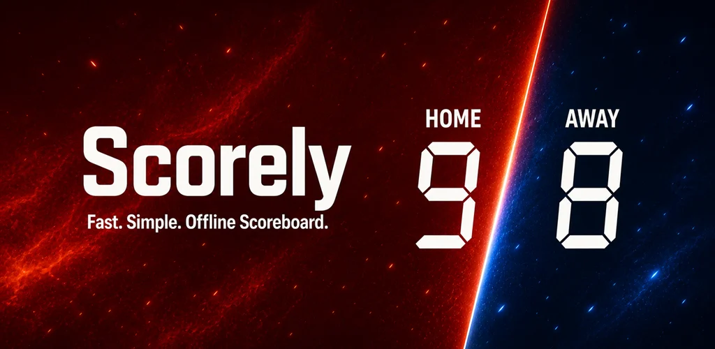 Scorely promotional graphic: the wordmark and the line 'Fast. Simple. Offline Scoreboard.' beside a split scoreboard reading HOME 9, AWAY 8.