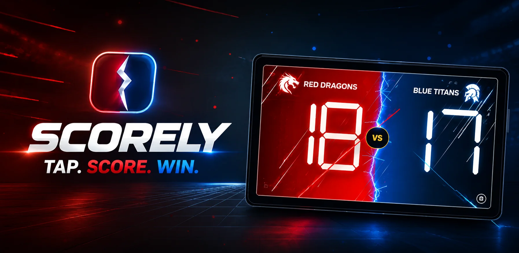 Scorely: Tap. Score. Win. Red Dragons lead Blue Titans 18–17 on a red and blue scoreboard.