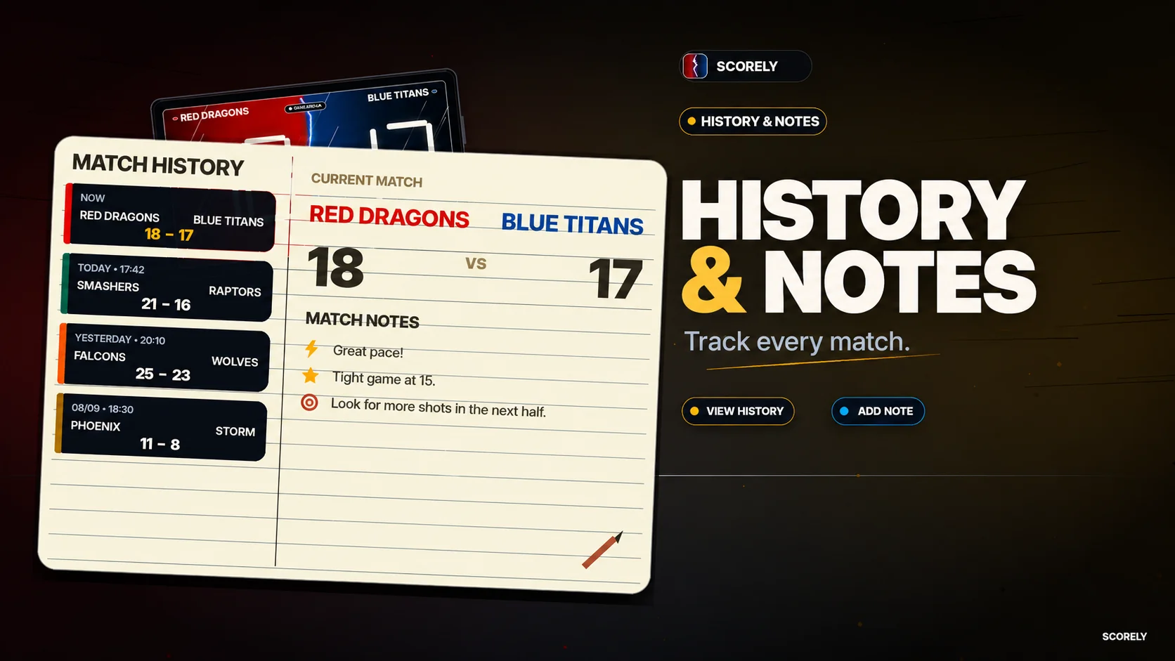 History and notes: review match scores and keep notes for the current game.