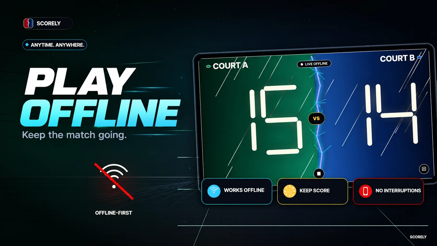 Play offline: keep the match going with Scorely's offline scoreboard.