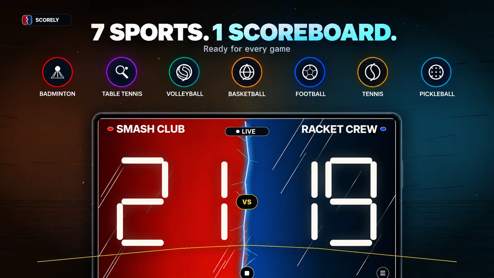 Seven sports, one scoreboard: badminton, table tennis, volleyball, basketball, football, tennis, and pickleball.